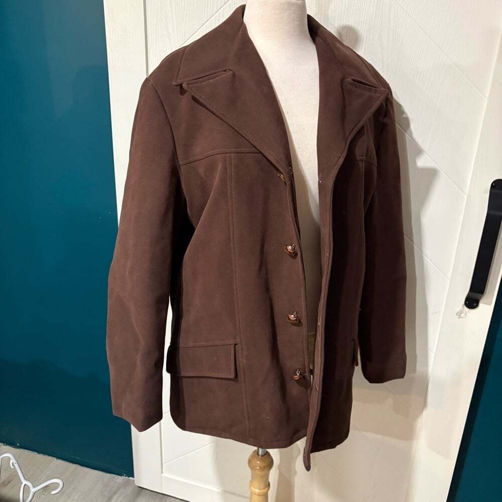 Vintage Brown Faux Suede Sherpa Lined Chore Coat 70s Western / Farm/Rodeo - Picture 3 of 7